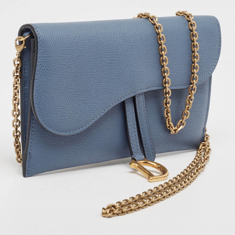 Pre Owned Dior Blue Leather Saddle Wallet on Chain