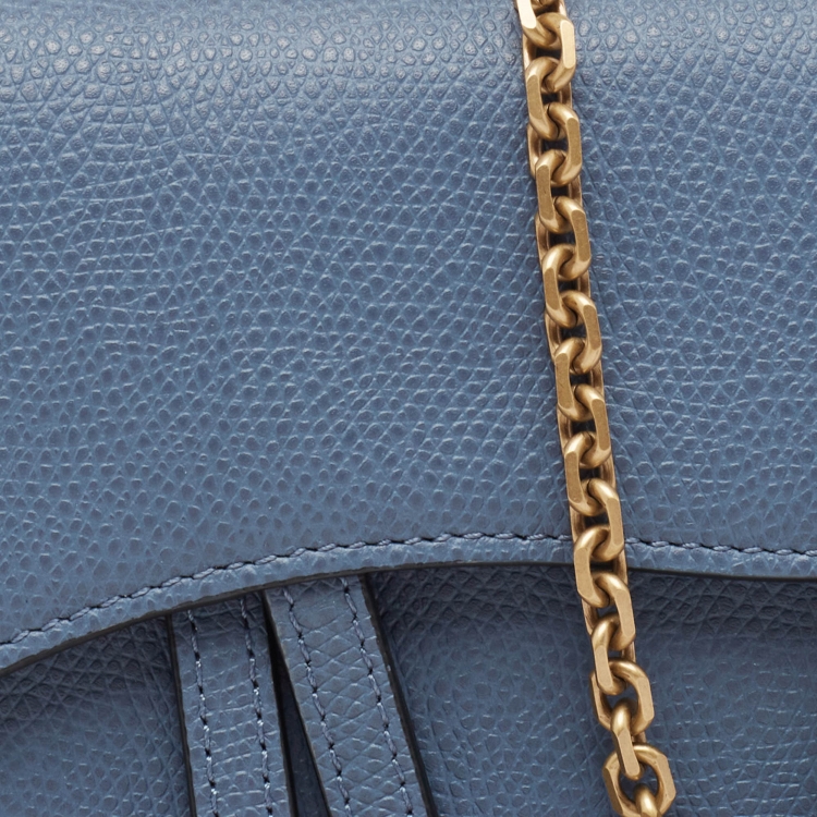 Pre Owned Dior Blue Leather Saddle Wallet on Chain