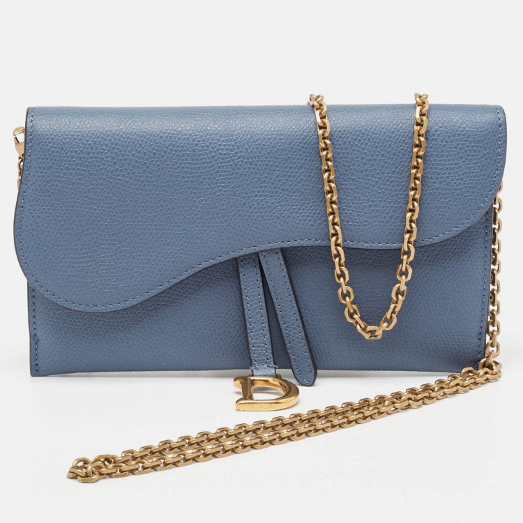 Pre Owned Dior Blue Leather Saddle Wallet on Chain
