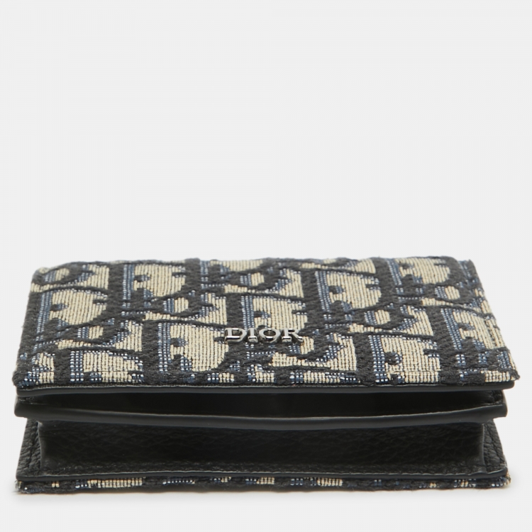 Pre Owned Dior Navy Blue/Black Oblique Canvas and Leather Flap Card Case