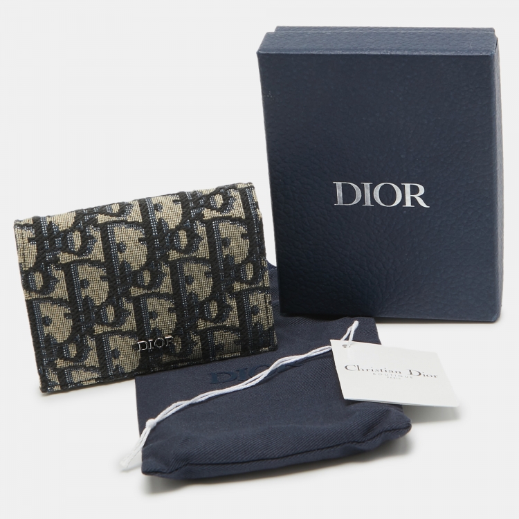 Pre Owned Dior Navy Blue/Black Oblique Canvas and Leather Flap Card Case