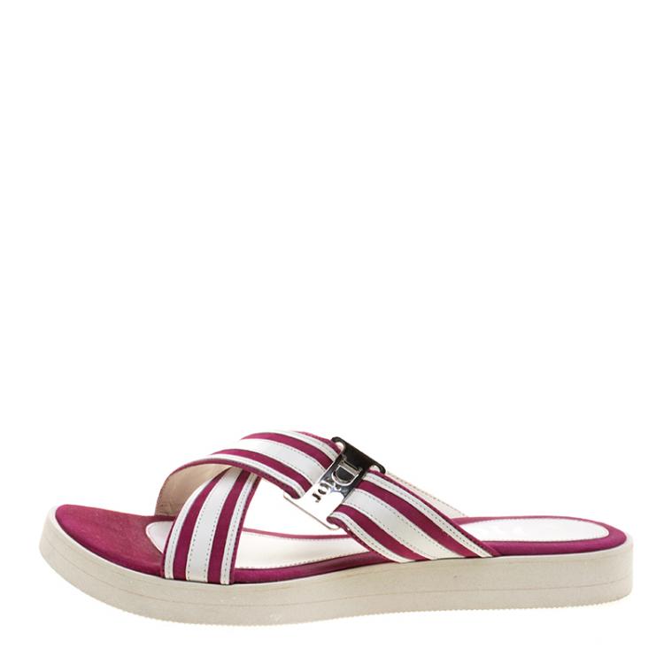 Pre Owned Dior Two Tone Suede and Leather Cross Strap Flat Slides Size 38
