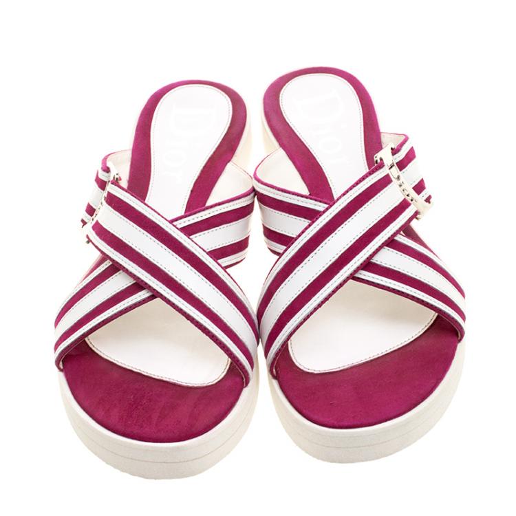 Pre Owned Dior Two Tone Suede and Leather Cross Strap Flat Slides Size 38