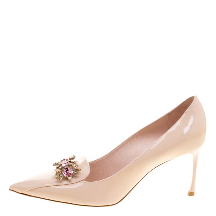 Pre Owned Dior Light Pink Patent Leather Crystal Embellished Pointed Toe Loafer Pumps Size 40