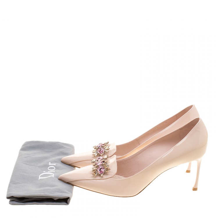 Pre Owned Dior Light Pink Patent Leather Crystal Embellished Pointed Toe Loafer Pumps Size 40