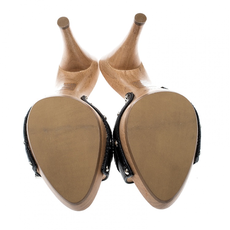Pre Owned Dior Black Leather Open Toe Wooden Mules Size 37.5