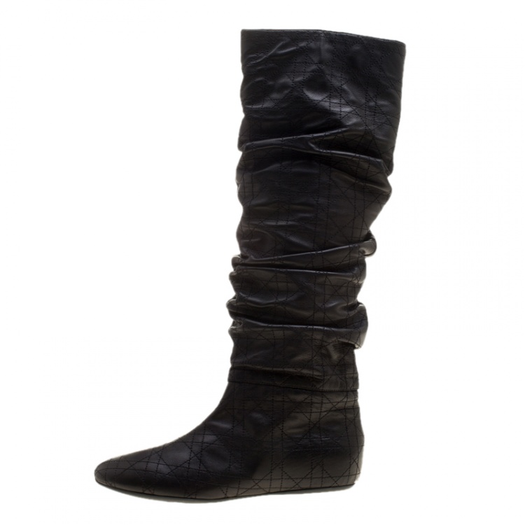 Pre Owned Dior Black Ruched Cannage Leather Knee High Boots Size 38.5