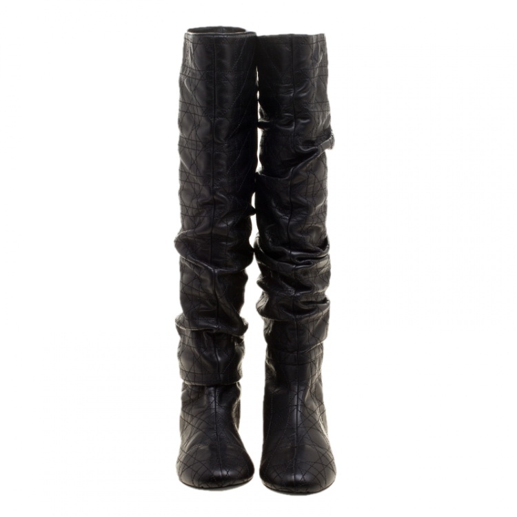 Pre Owned Dior Black Ruched Cannage Leather Knee High Boots Size 38.5