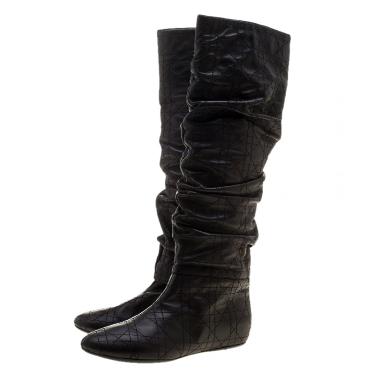 Pre Owned Dior Black Ruched Cannage Leather Knee High Boots Size 38.5
