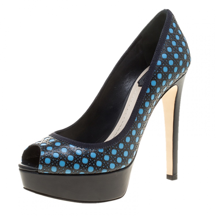 Pre Owned Dior Blue Cannage Contrast Leather Peep Toe Platform Pumps Size 37.5