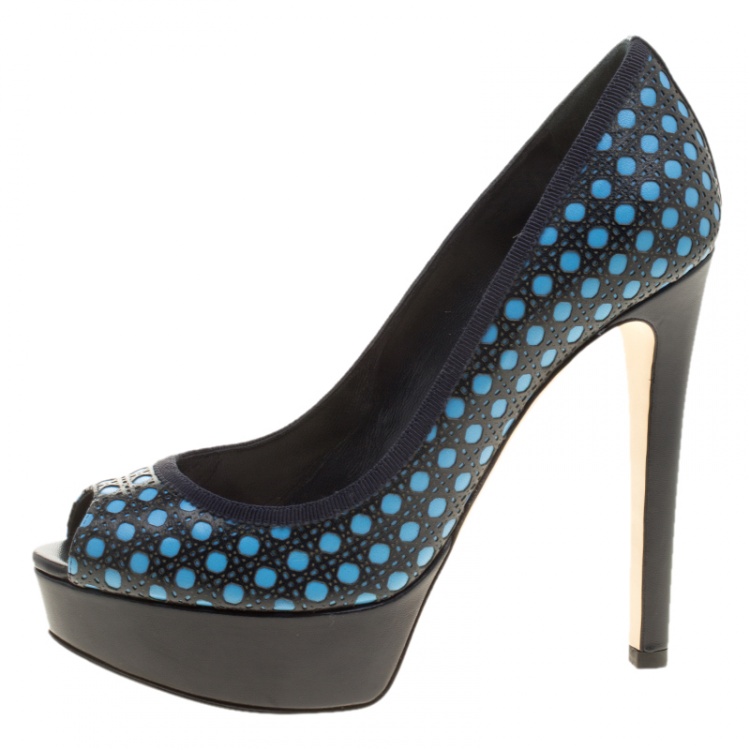 Pre Owned Dior Blue Cannage Contrast Leather Peep Toe Platform Pumps Size 37.5