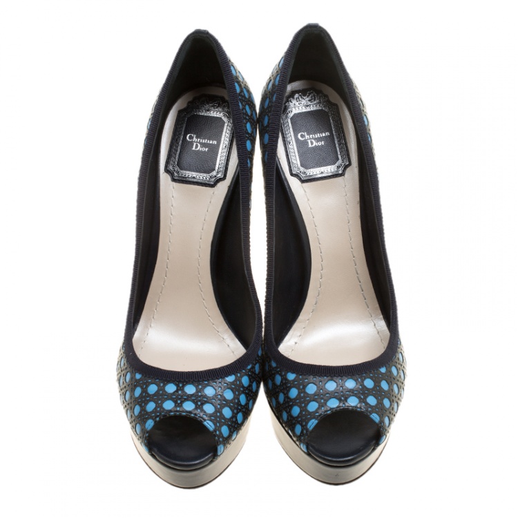 Pre Owned Dior Blue Cannage Contrast Leather Peep Toe Platform Pumps Size 37.5