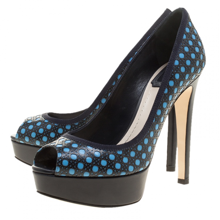 Pre Owned Dior Blue Cannage Contrast Leather Peep Toe Platform Pumps Size 37.5
