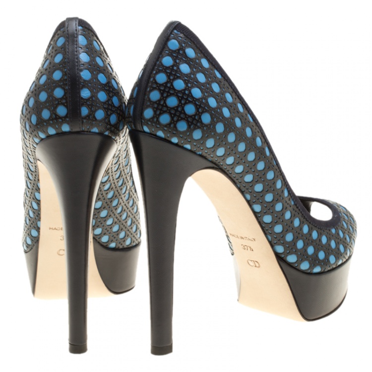 Pre Owned Dior Blue Cannage Contrast Leather Peep Toe Platform Pumps Size 37.5