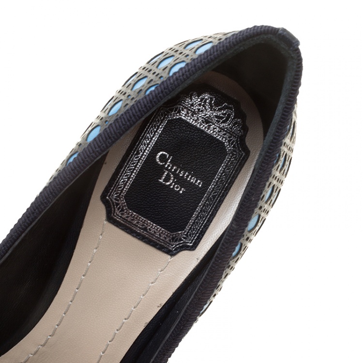 Pre Owned Dior Blue Cannage Contrast Leather Peep Toe Platform Pumps Size 37.5