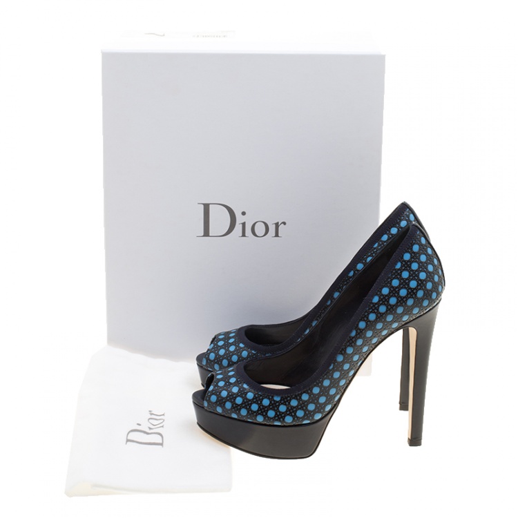 Pre Owned Dior Blue Cannage Contrast Leather Peep Toe Platform Pumps Size 37.5