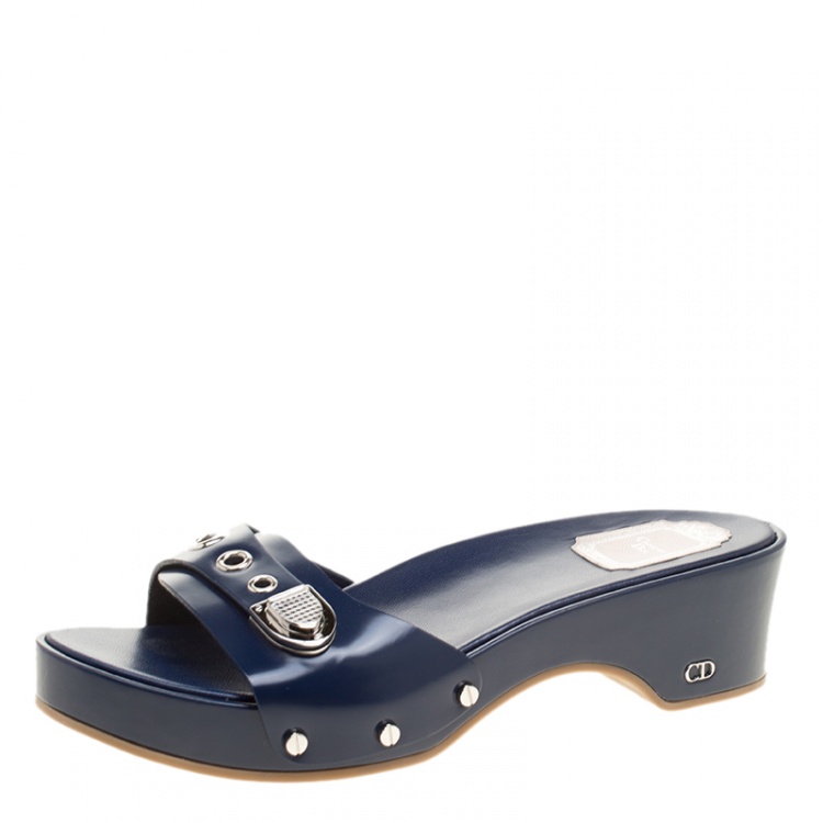 Pre Owned Dior Blue Leather Slip On Clogs Size 40