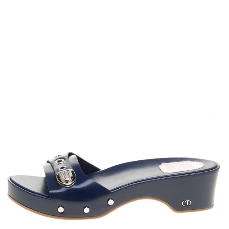 Pre Owned Dior Blue Leather Slip On Clogs Size 40