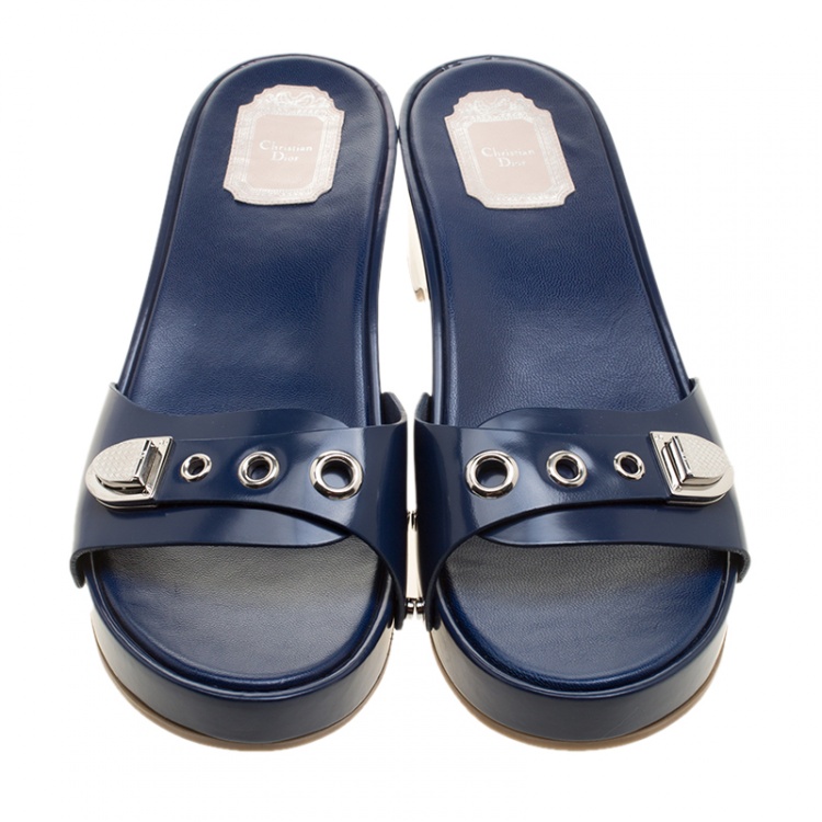 Pre Owned Dior Blue Leather Slip On Clogs Size 40
