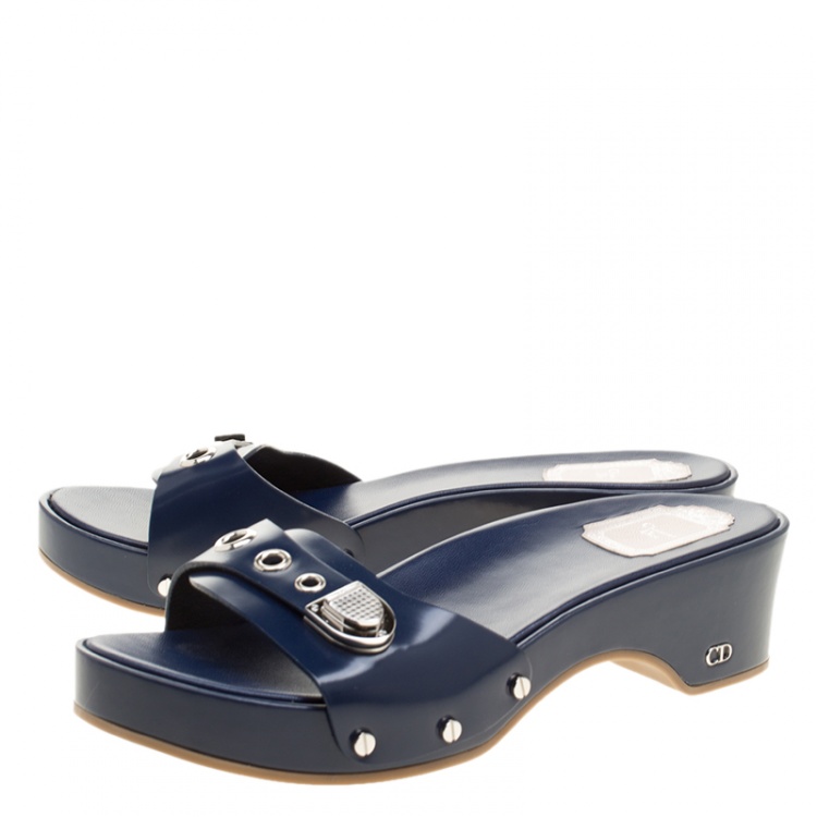 Pre Owned Dior Blue Leather Slip On Clogs Size 40