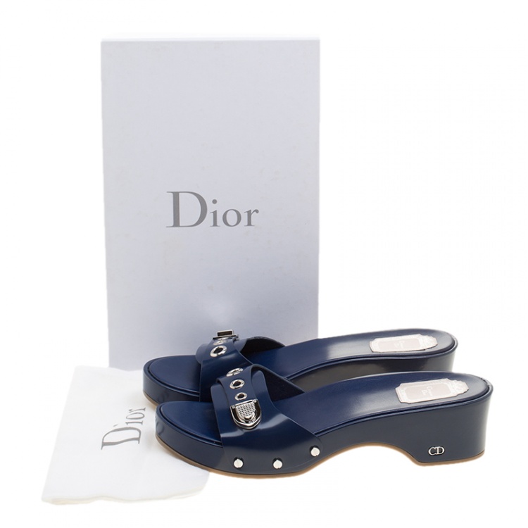 Pre Owned Dior Blue Leather Slip On Clogs Size 40