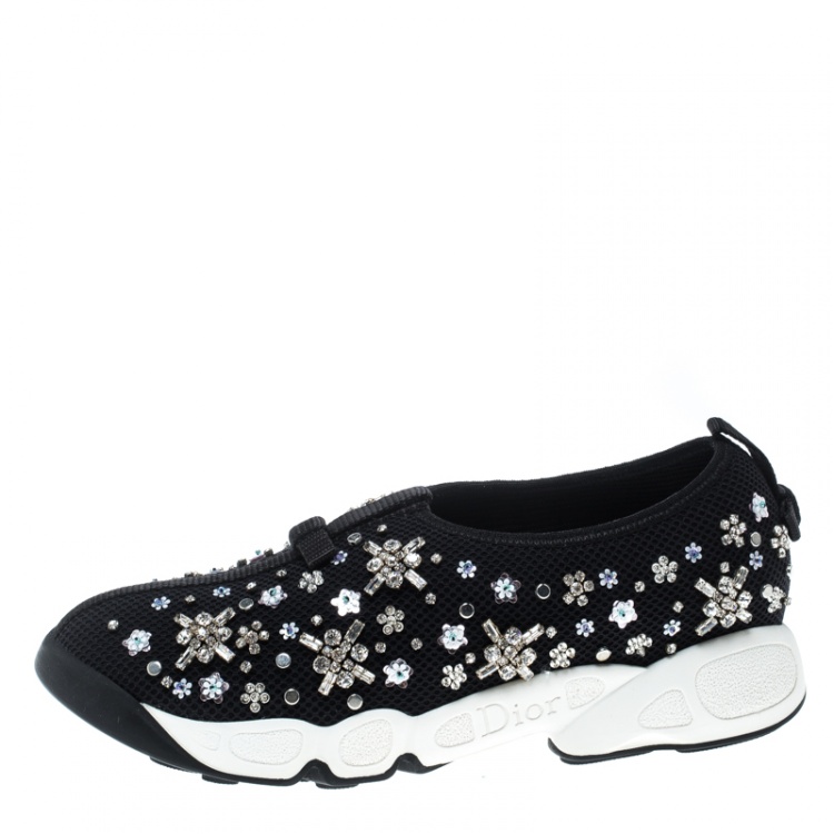Pre Owned Dior Black Mesh Fusion Crystal Embellished Slip On Sneakers Size 36.5