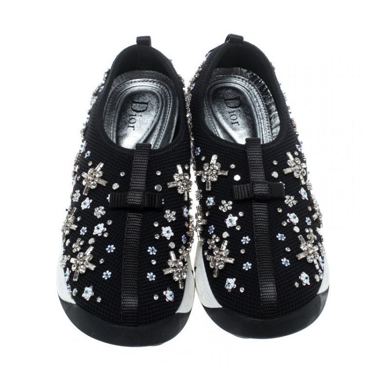 Pre Owned Dior Black Mesh Fusion Crystal Embellished Slip On Sneakers Size 36.5