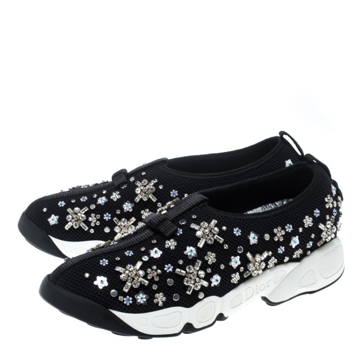Pre Owned Dior Black Mesh Fusion Crystal Embellished Slip On Sneakers Size 36.5