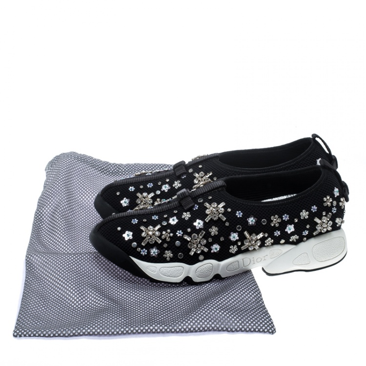Pre Owned Dior Black Mesh Fusion Crystal Embellished Slip On Sneakers Size 36.5