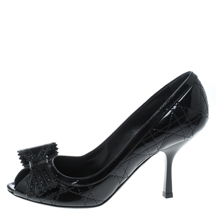 Pre Owned Dior Black Patent Cannage Leather Peep Toe Bow Pumps Size 36.5