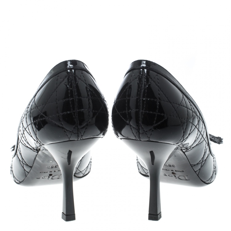 Pre Owned Dior Black Patent Cannage Leather Peep Toe Bow Pumps Size 36.5