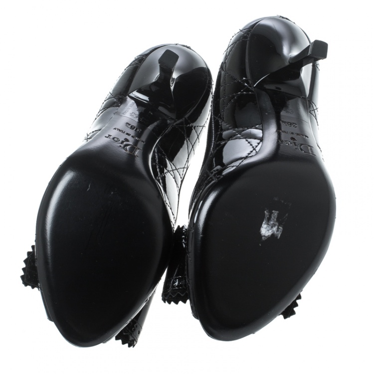 Pre Owned Dior Black Patent Cannage Leather Peep Toe Bow Pumps Size 36.5