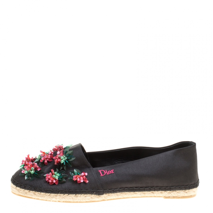 Pre Owned Dior Black Floral Embellished Canvas Espadrille Loafers Size 38