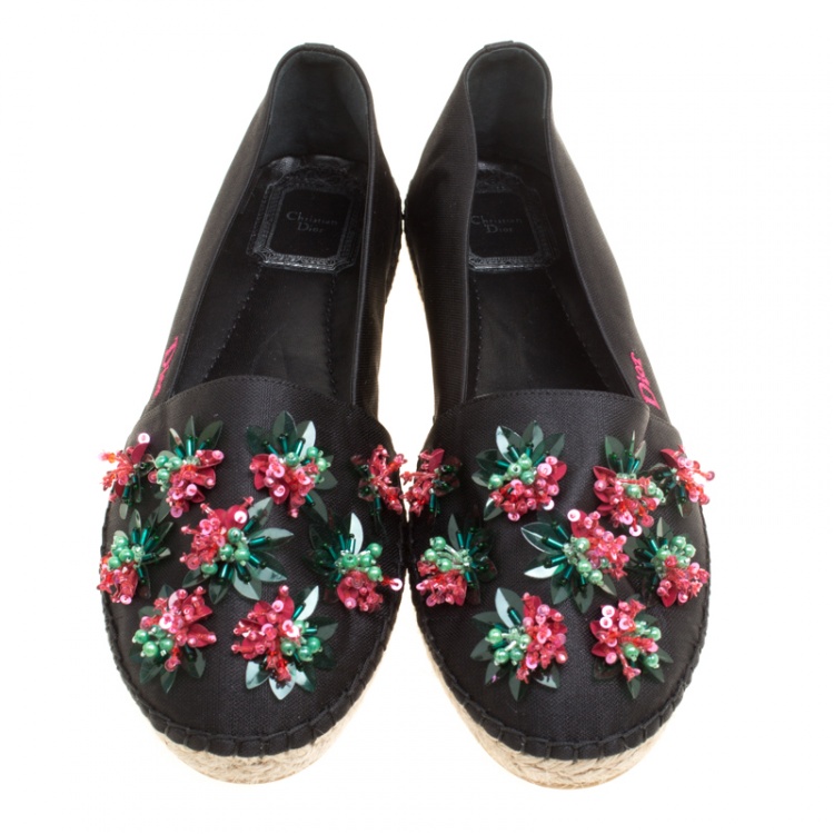 Pre Owned Dior Black Floral Embellished Canvas Espadrille Loafers Size 38