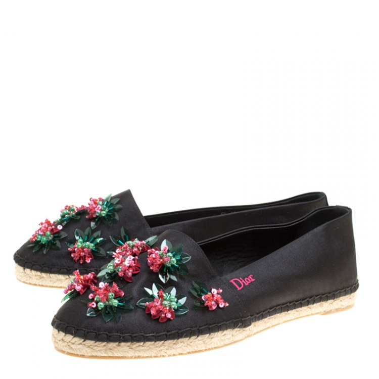 Pre Owned Dior Black Floral Embellished Canvas Espadrille Loafers Size 38