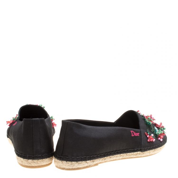 Pre Owned Dior Black Floral Embellished Canvas Espadrille Loafers Size 38