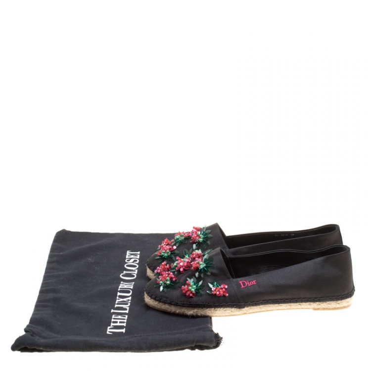 Pre Owned Dior Black Floral Embellished Canvas Espadrille Loafers Size 38
