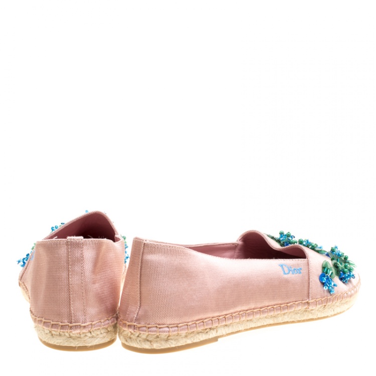 مملوكة مسبقًا Dior Crepè Pink Floral Embellished Canvas Espadrille Loafers Size 38
