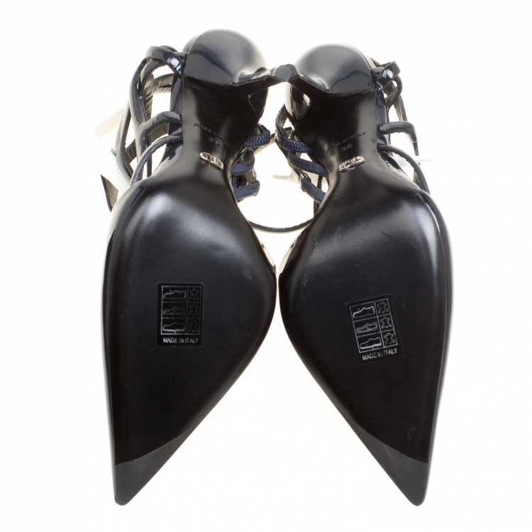 Pre Owned Dior Dark Blue Patent Leather Cut Out Detail Ankle Strap Sandals Size 38