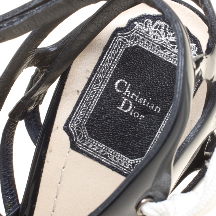Pre Owned Dior Dark Blue Patent Leather Cut Out Detail Ankle Strap Sandals Size 38