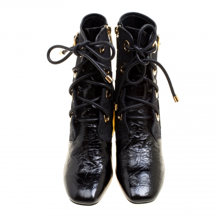 Pre Owned Dior Black Canvas and Crinkled Leather Glorious Sculpted Block Heel Ankle Boots Size 35.5