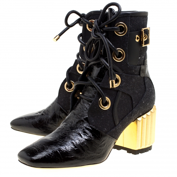 Pre Owned Dior Black Canvas and Crinkled Leather Glorious Sculpted Block Heel Ankle Boots Size 35.5