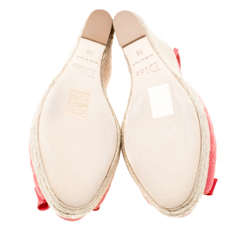 Pre Owned Dior Coral Pink Cannage Leather Espadrille Wedge Peep Toe Slingback Platform Sandals Size 38