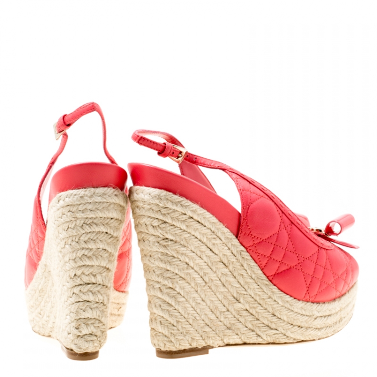 Pre Owned Dior Coral Pink Cannage Leather Espadrille Wedge Peep Toe Slingback Platform Sandals Size 38