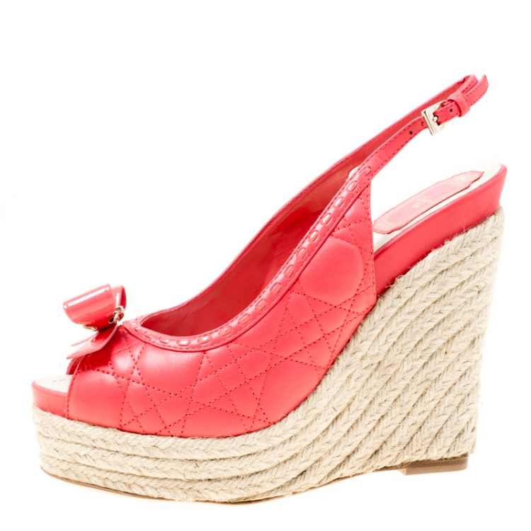 Pre Owned Dior Coral Pink Cannage Leather Espadrille Wedge Peep Toe Slingback Platform Sandals Size 38