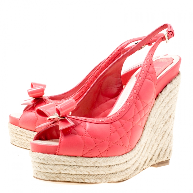 Pre Owned Dior Coral Pink Cannage Leather Espadrille Wedge Peep Toe Slingback Platform Sandals Size 38