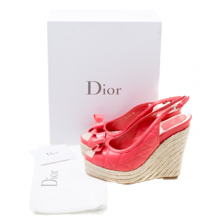 Pre Owned Dior Coral Pink Cannage Leather Espadrille Wedge Peep Toe Slingback Platform Sandals Size 38