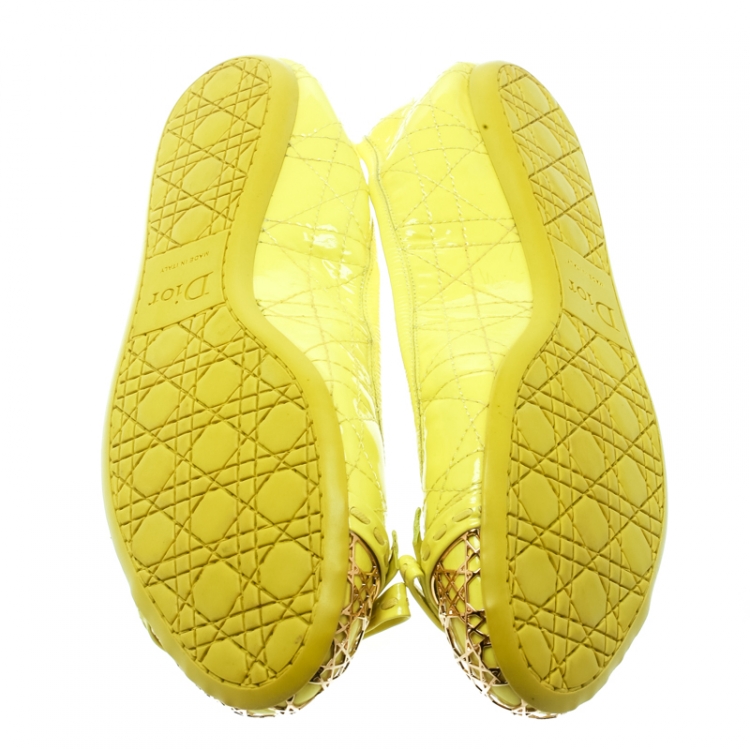 Pre Owned Dior Neon Yellow Patent Cannage Leather Icon Metal Cap Toe Bow Ballet Flats Size 38