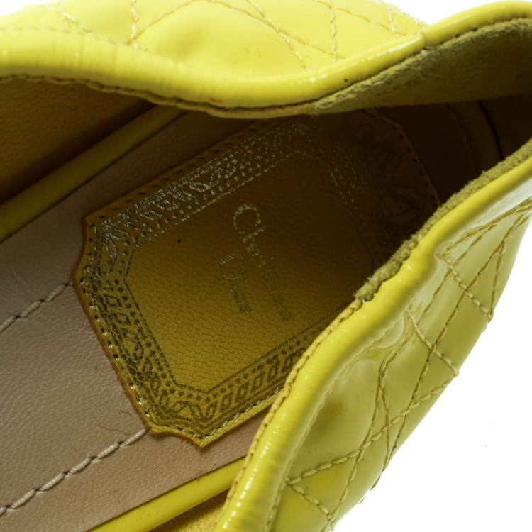 Pre Owned Dior Neon Yellow Patent Cannage Leather Icon Metal Cap Toe Bow Ballet Flats Size 38