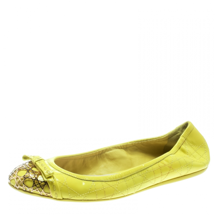 Pre Owned Dior Neon Yellow Patent Cannage Leather Icon Metal Cap Toe Bow Ballet Flats Size 38